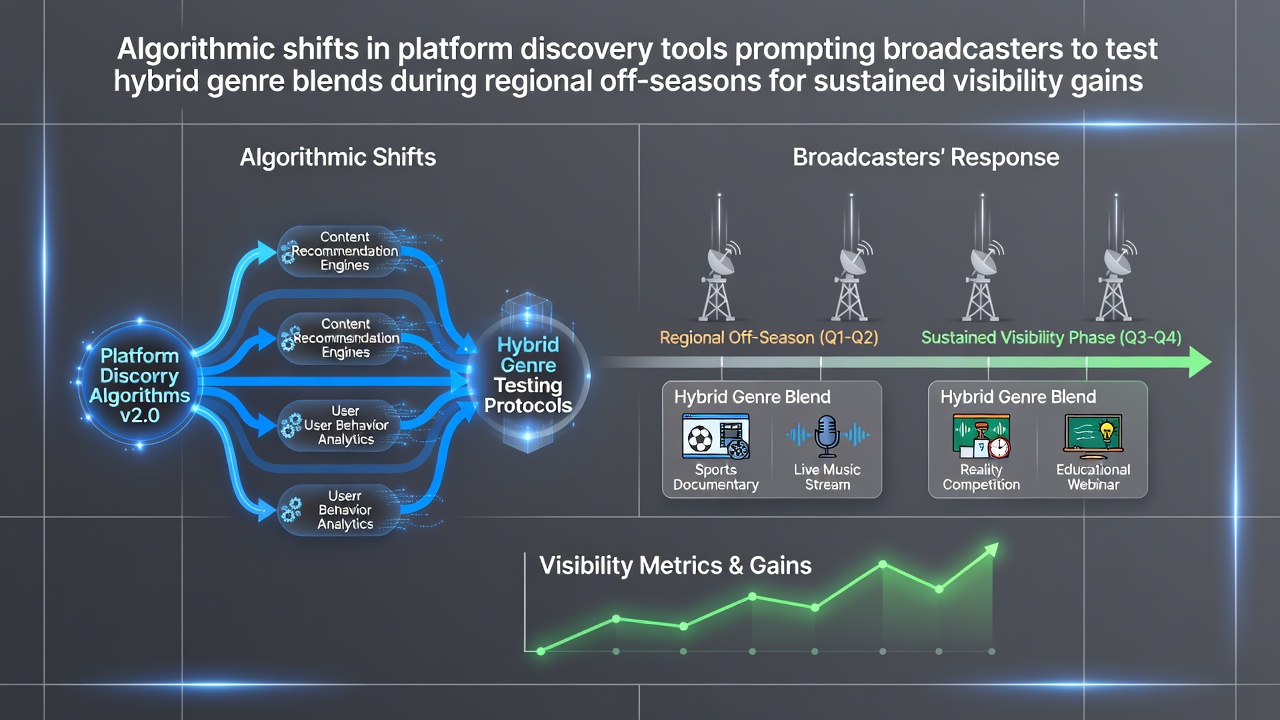 Broadcasters reviewing platform analytics dashboards showing shifts in content discovery algorithms during regional off-seasons
