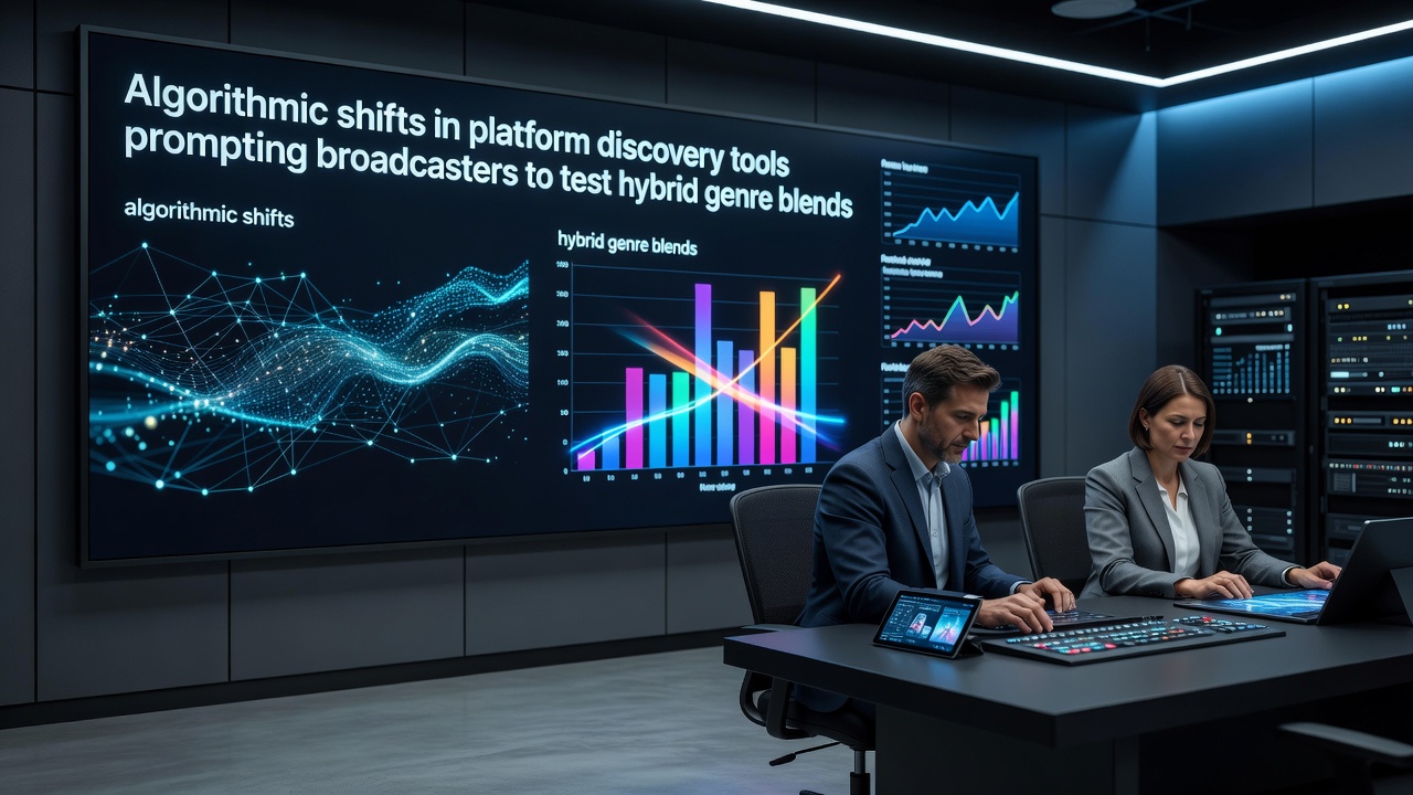 Streamers analyzing viewer retention graphs after implementing hybrid genre blends in off-season broadcasts