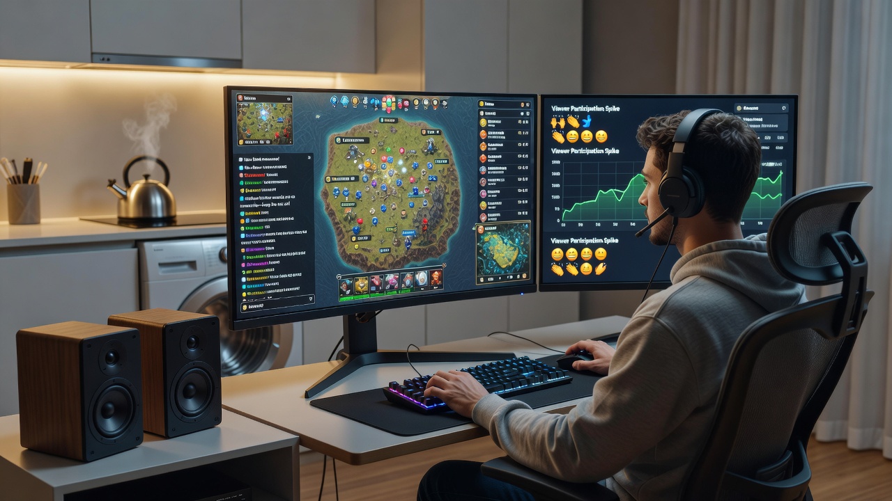 Close-up of streaming microphone near a window with household items visible in the background during strategy gameplay