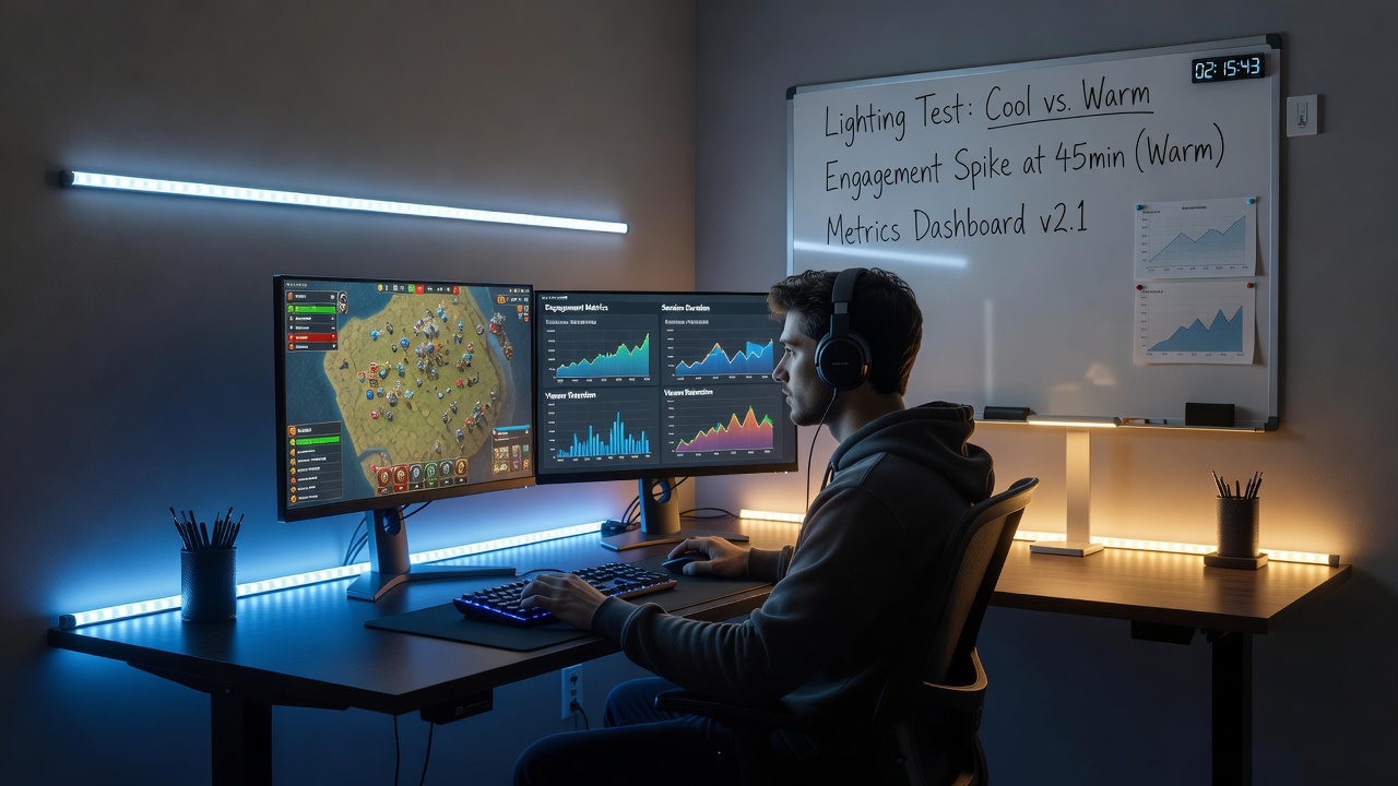 Independent creator adjusting ambient LED strips behind a monitor during a strategy game broadcast setup