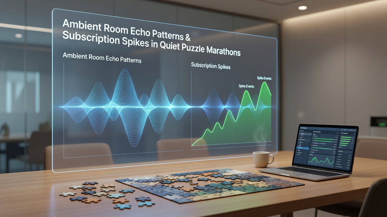 Close-up of acoustic treatment materials and audio waveform display showing echo patterns during a puzzle marathon broadcast