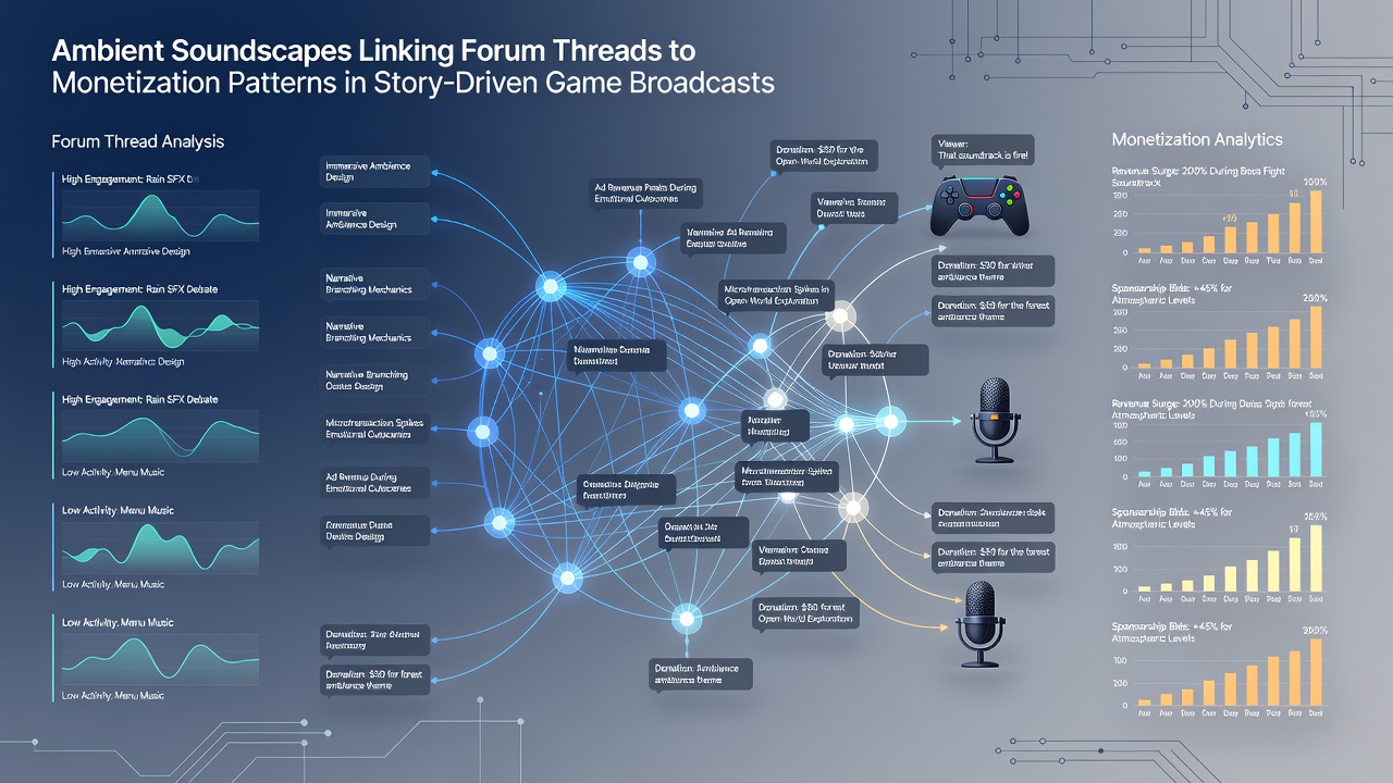 Split view showing forum thread metrics alongside real-time donation charts during a story-driven broadcast with ambient audio cues highlighted