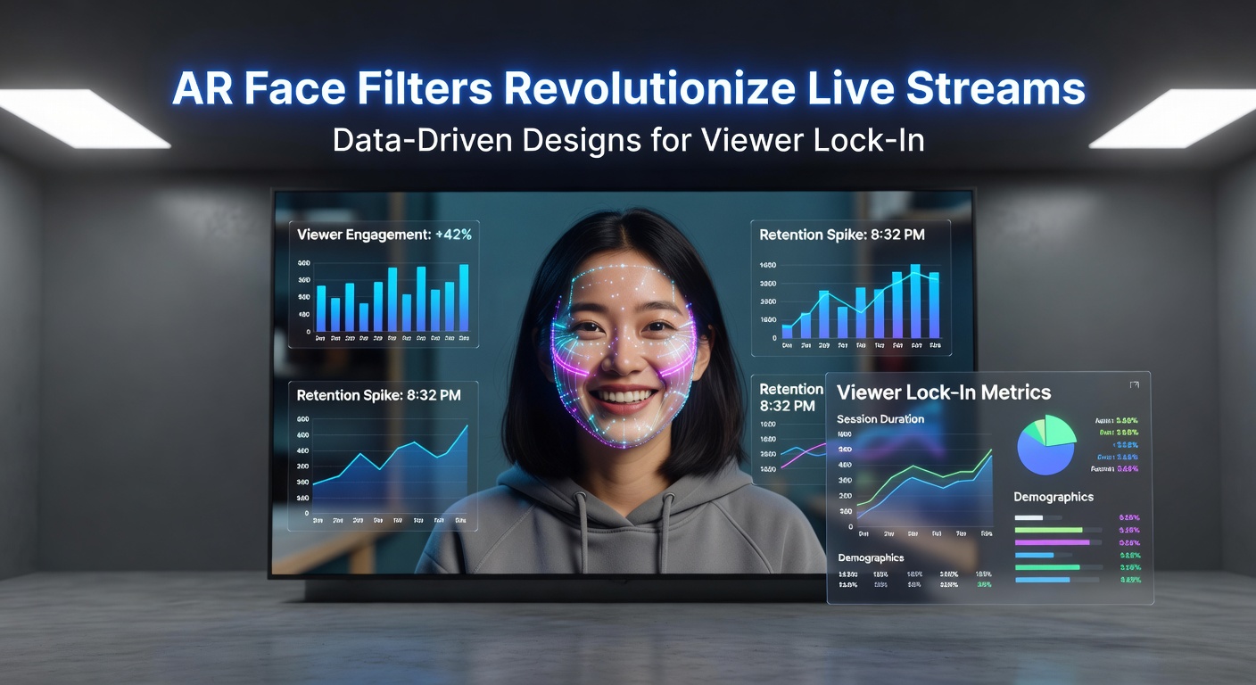 Streamer applying AR face filter during live broadcast, overlaying digital effects on real-time video feed to boost engagement