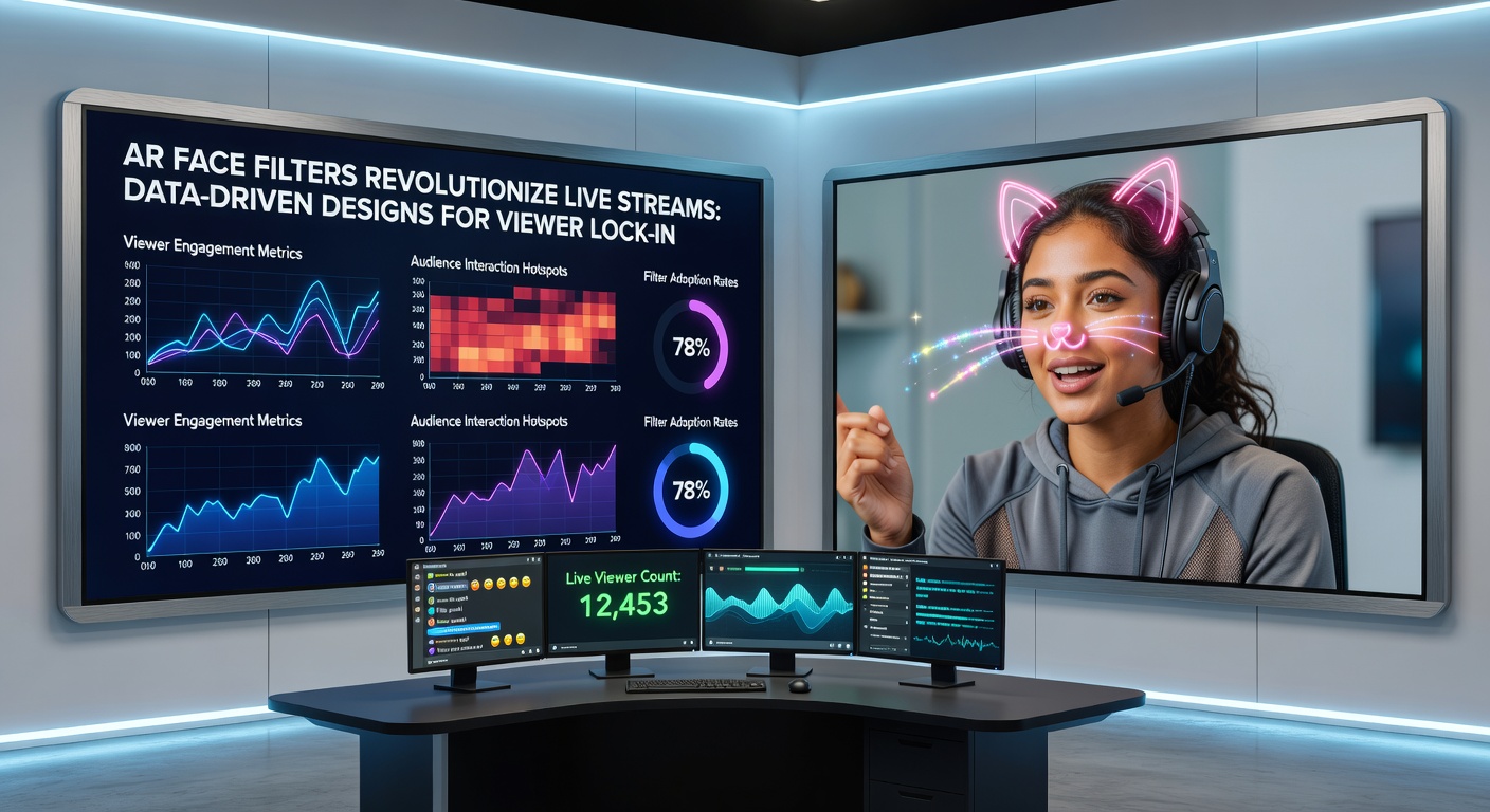 Data analytics dashboard displaying viewer retention graphs alongside AR filter performance metrics during a live stream