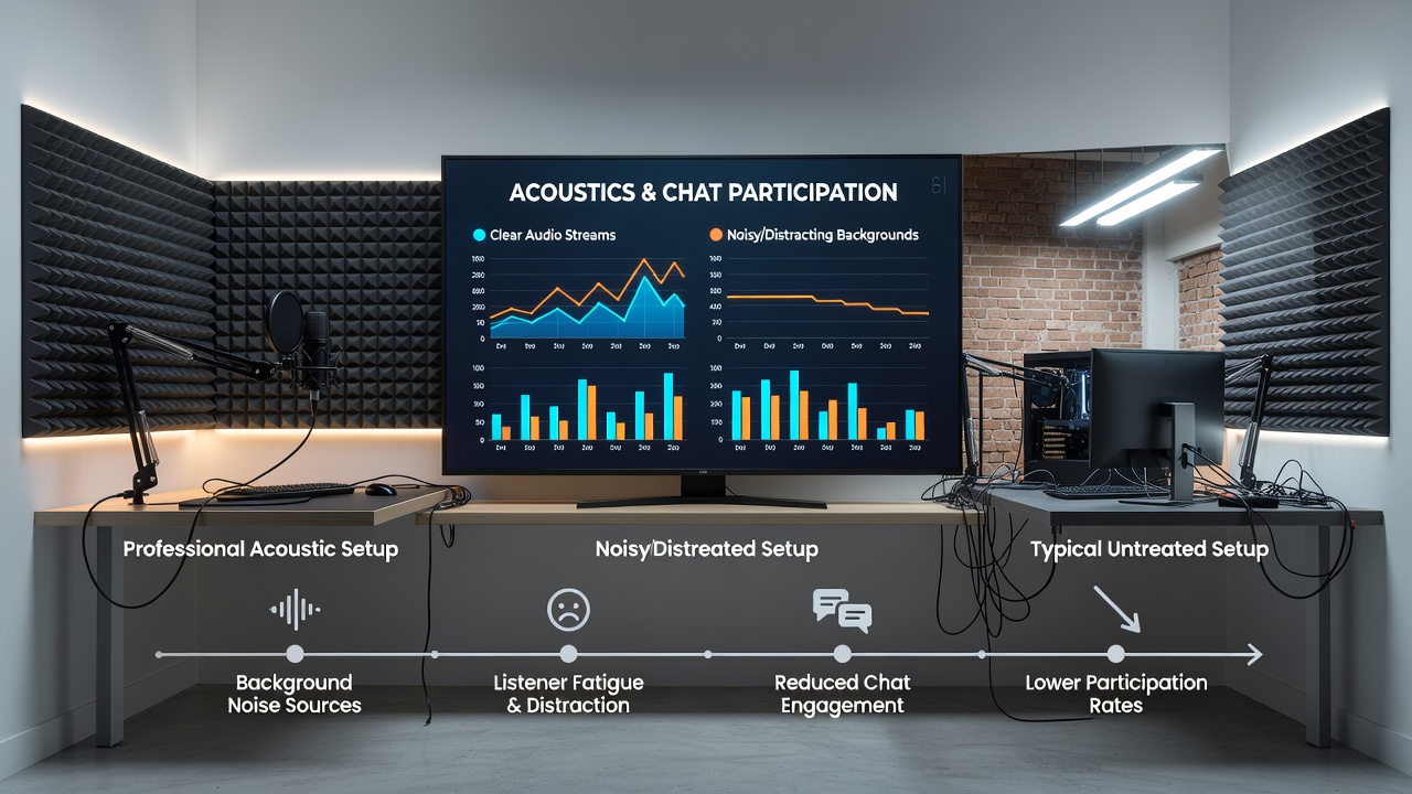 Acoustic measurement tools and chat interface overlay during late-night mobile esports streaming