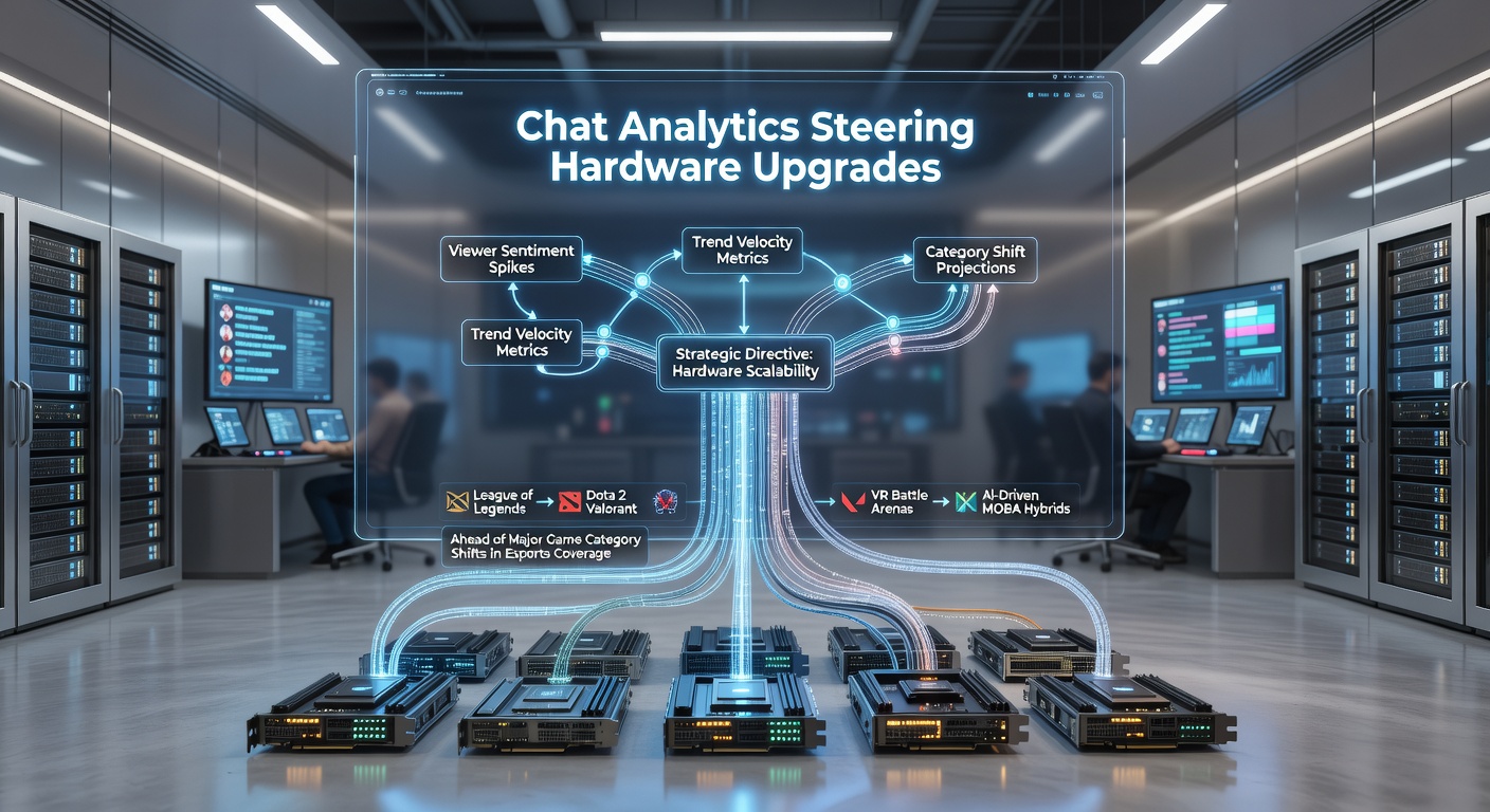 Esports broadcasters reviewing real-time chat data dashboards to plan hardware configurations for upcoming game category transitions