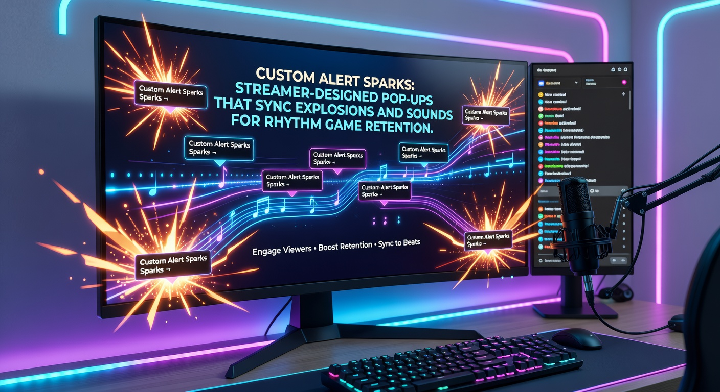 Streamer in a high-energy rhythm game session with a custom alert spark exploding in sync to the beat, captivating viewers