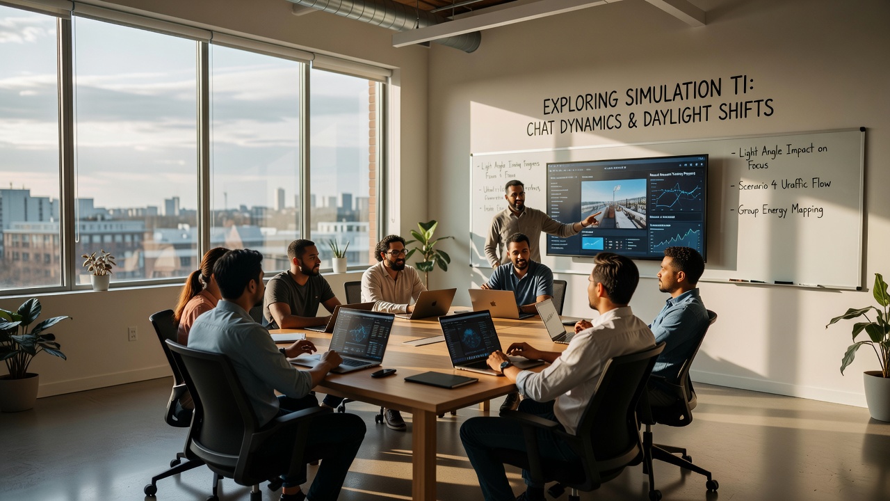 Afternoon daylight streaming through studio windows onto simulation game controls with active community chat visible on screen