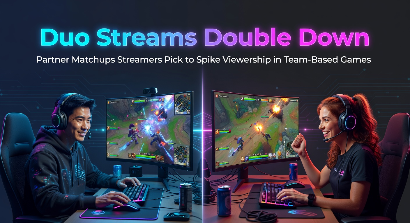 Two streamers huddled over dual monitors during a high-stakes duo session in Valorant, chat exploding with emotes and donations