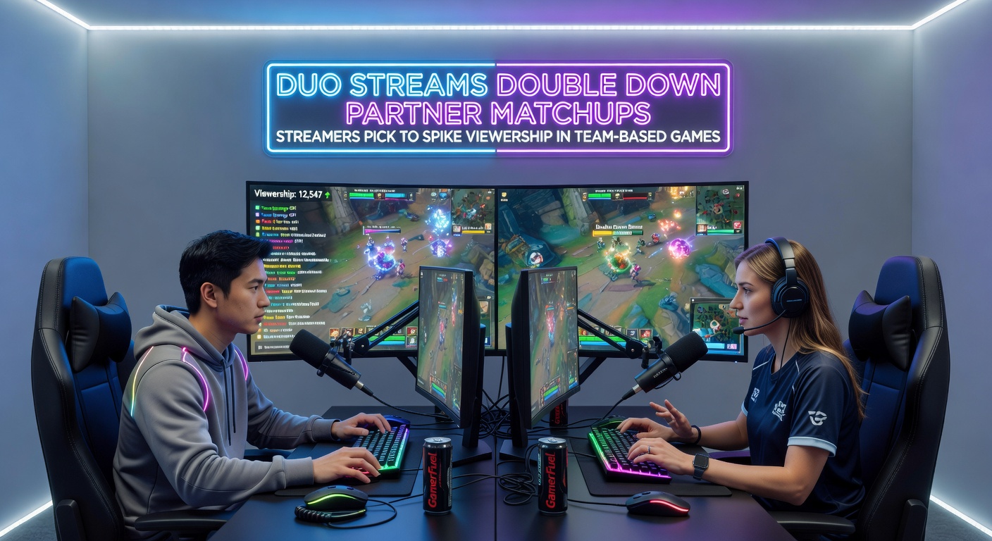 Split-screen duo stream setup with one player on FPS action and the other managing comms, overlaid viewer count skyrocketing past 50K