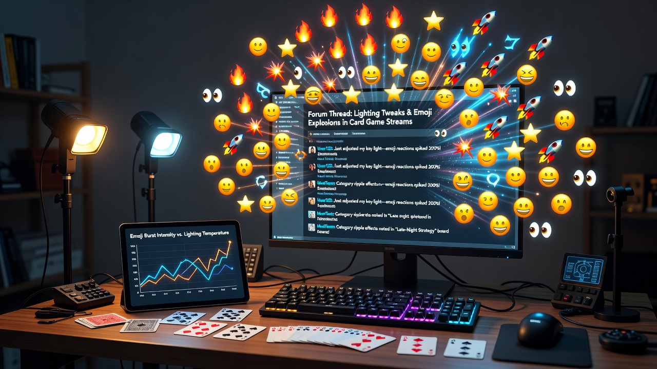 Solo creator adjusting desk lighting setup during a late-night card game stream session