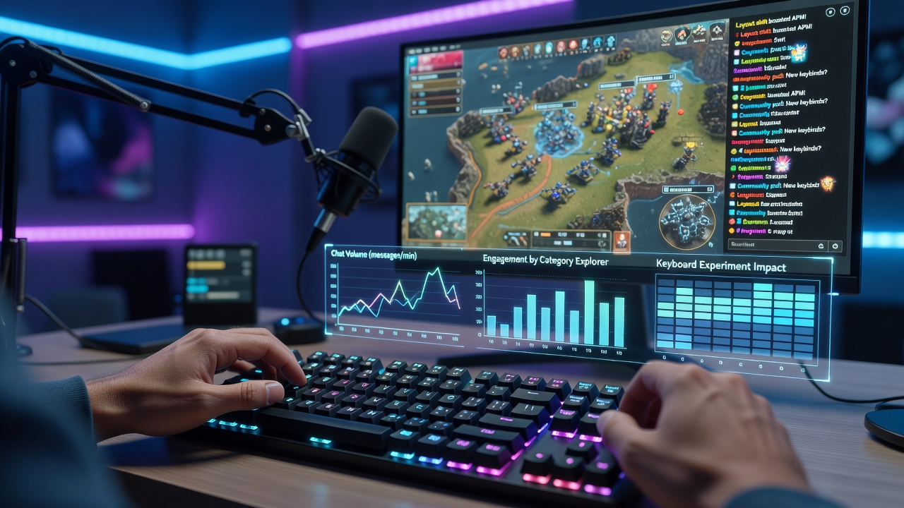 Broadcaster testing alternative keyboard layouts during a live strategy game session with visible chat overlays