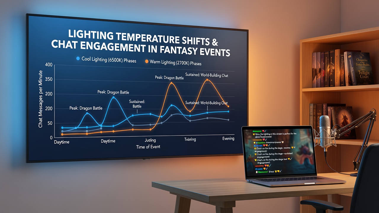 Data visualization showing chat engagement metrics tied to lighting temperature changes in fantasy streams