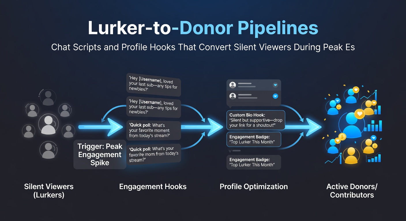 Close-up of a streamer's profile panels featuring donation hooks and chat examples optimized for esports peak hours, with viewer metrics overlay