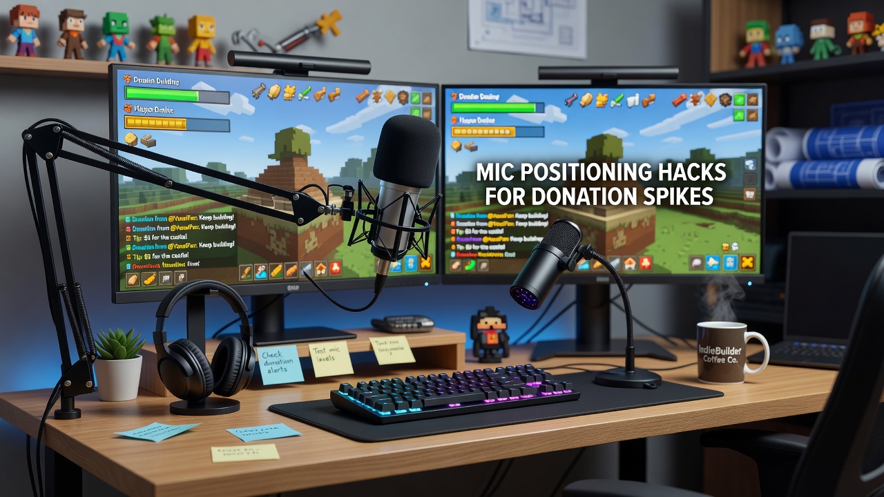 Close-up of a microphone positioned at an angle beside a builder game setup with visible audio cables and monitor displaying block-based construction
