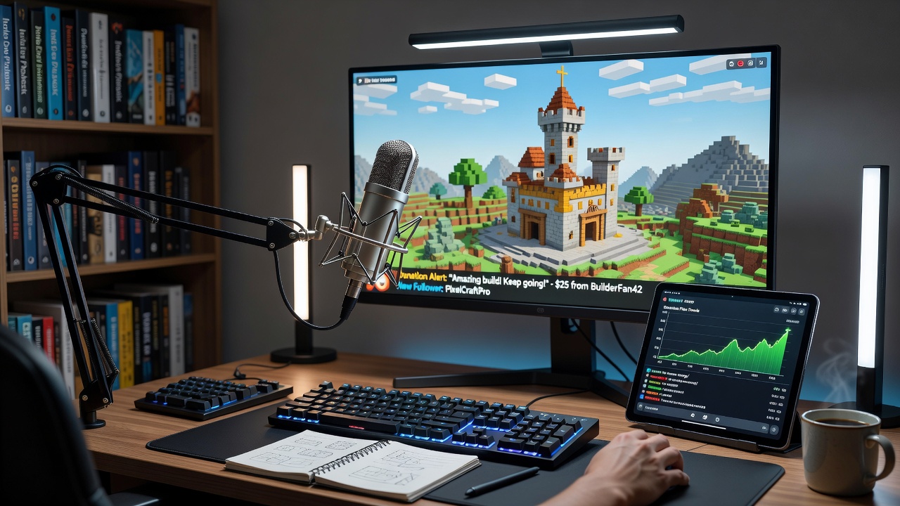 Wide shot of a streaming desk showing microphone stand adjusted at ear height next to keyboard and large monitor running a detailed builder game world