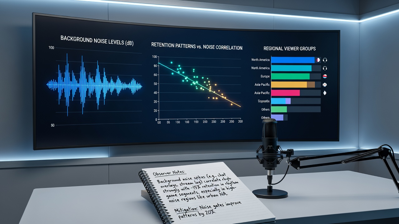 Broadcast setup showing audio monitoring equipment in a rhythm game streaming environment with regional viewer data overlays