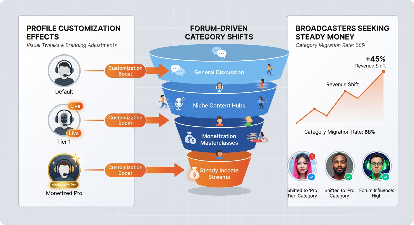 Forum interface displaying customized broadcaster profiles with category tags and monetization links highlighted
