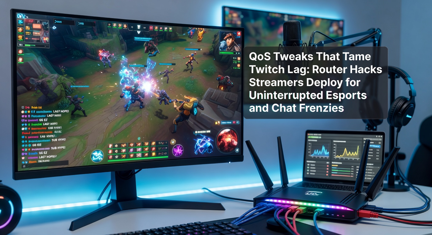 Close-up of a router interface displaying QoS priority settings optimized for Twitch streaming, with upload traffic prioritized for esports broadcasts