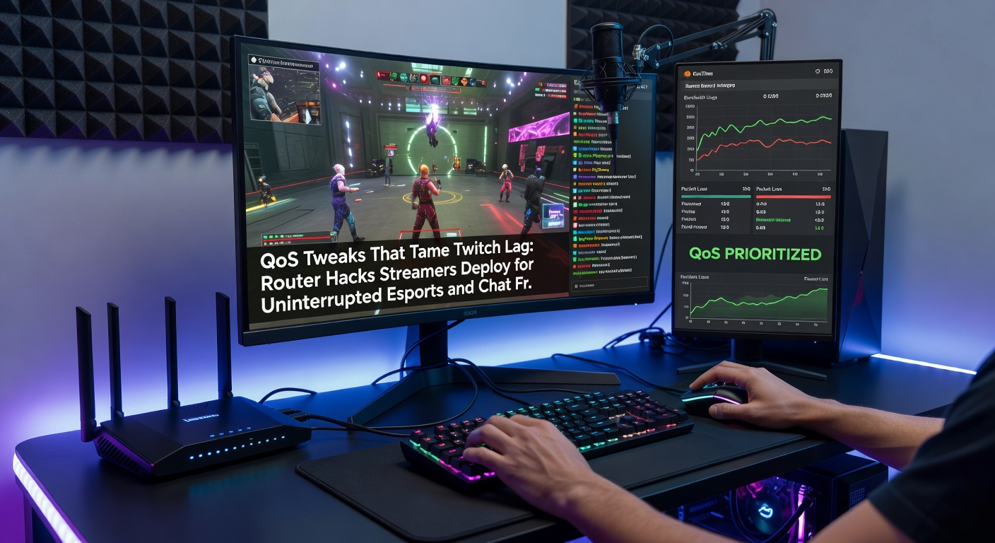 Streamer at desk with dual monitors, one showing router QoS dashboard prioritizing Twitch traffic amid an intense esports match overlay
