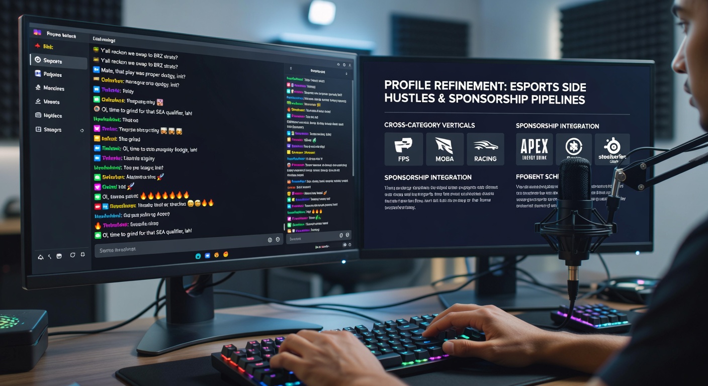 Broadcaster reviewing chat logs with regional slang overlays on multiple screens during an esports session