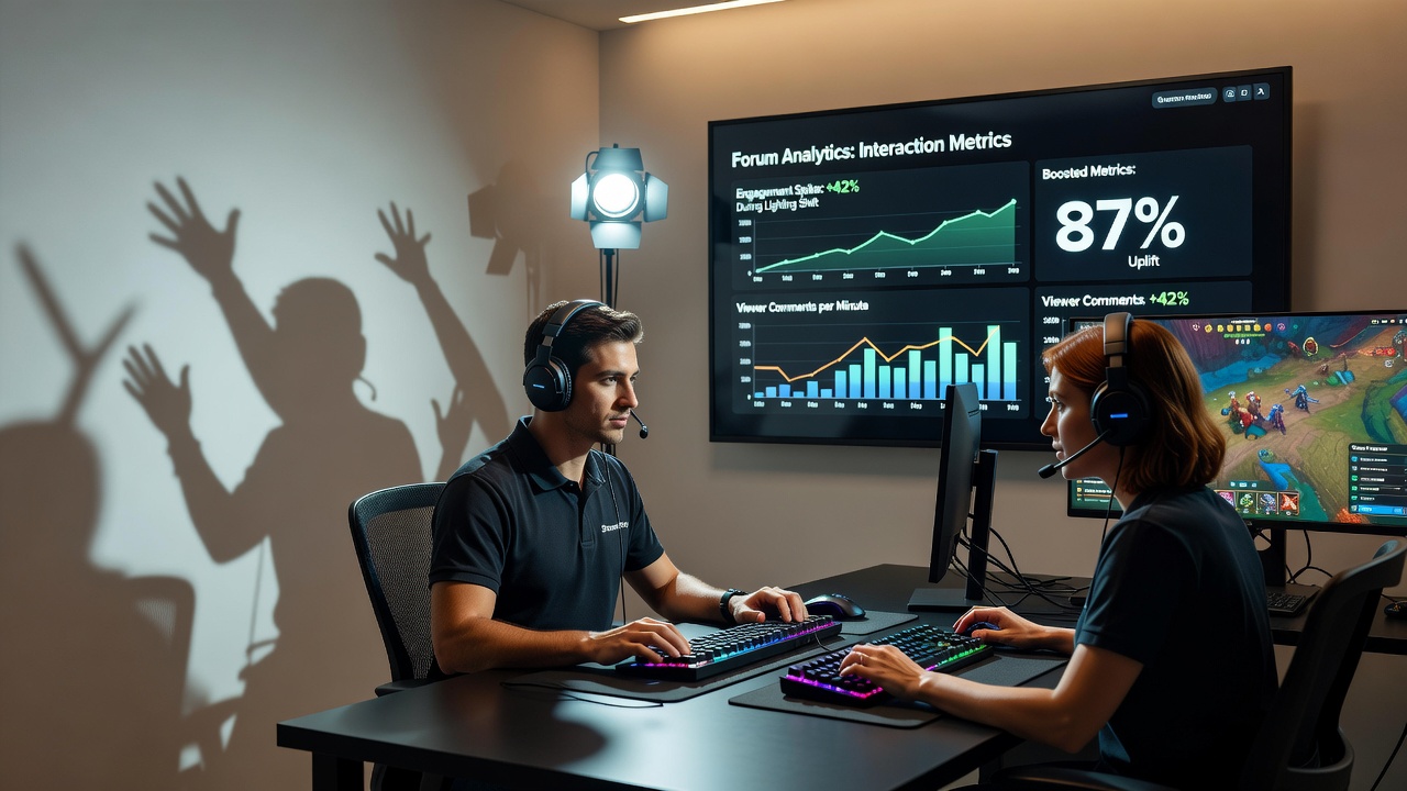 Broadcaster adjusting room lighting setup with multiple lamps and dimmers to create dynamic shadows during a narrative game session