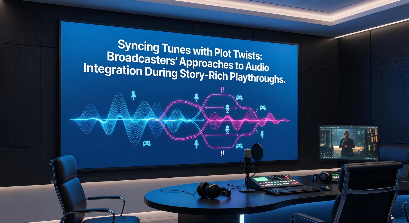Broadcaster adjusting audio levels during a story-driven game stream with visual cues for plot timing