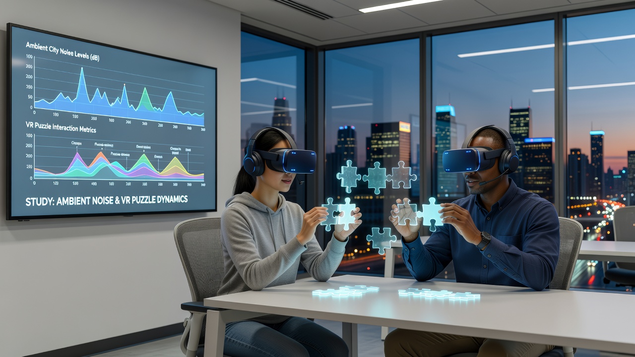 Close-up of VR headset and audio equipment setup capturing city noise influences during puzzle session
