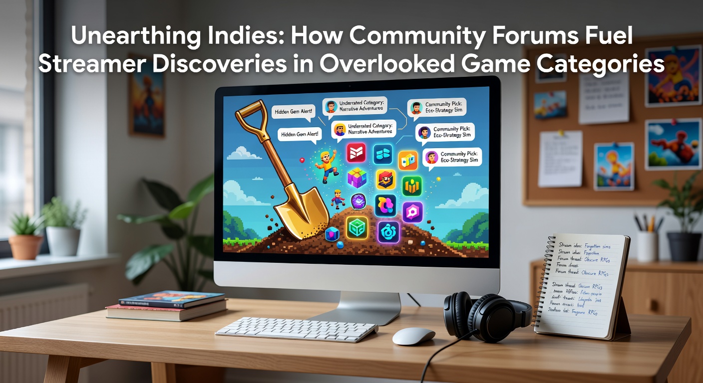 A vibrant collage of indie game screenshots from roguelikes, puzzle adventures, and survival crafts, overlaid with chat bubbles from forums recommending hidden gems to streamers