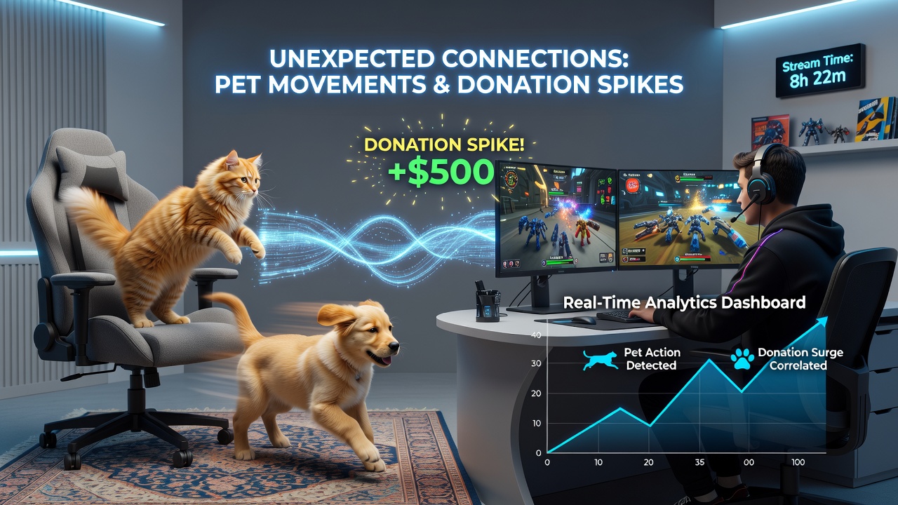 Solo streamer setup with real-time strategy gameplay visible on screen alongside subtle household pet activity in background during extended broadcast