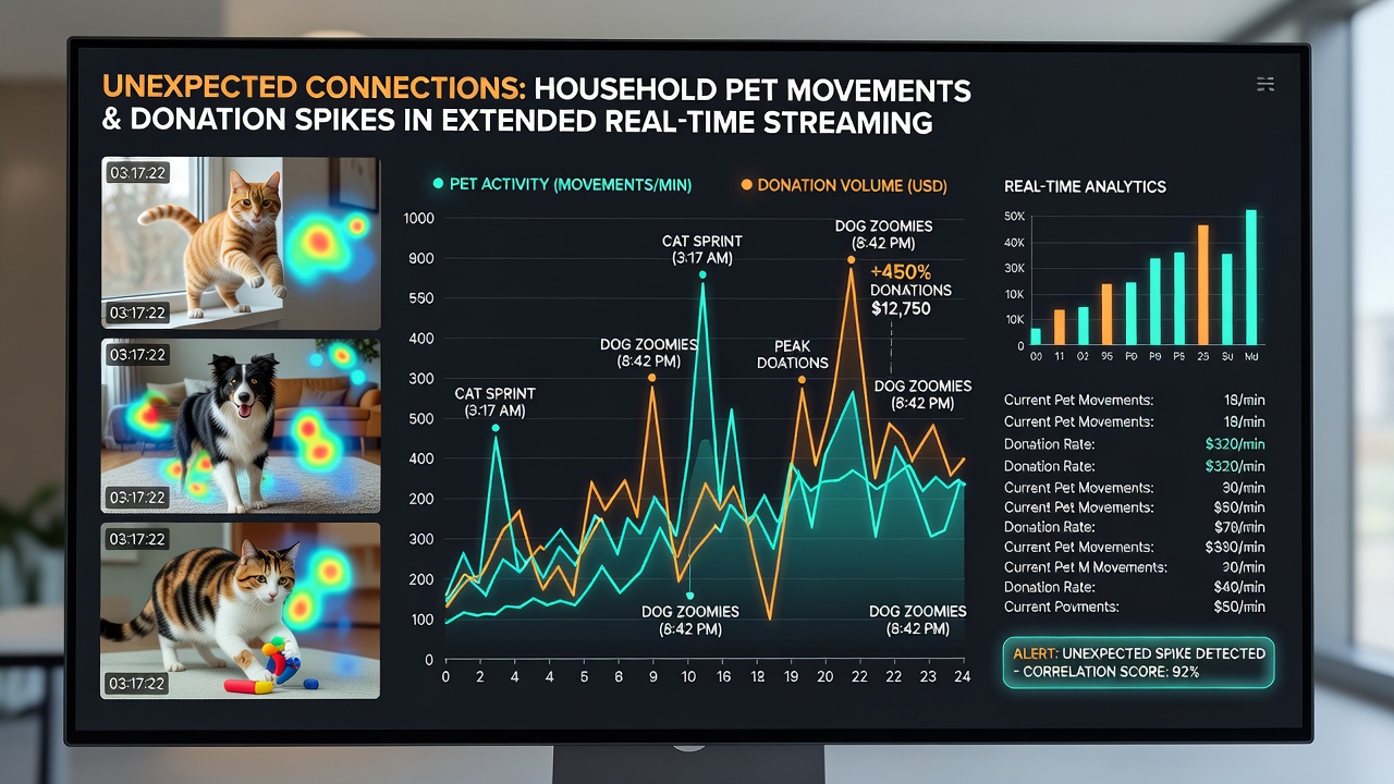 Detailed view of donation notification overlay appearing on screen during real-time strategy session with pet partially visible in corner of frame