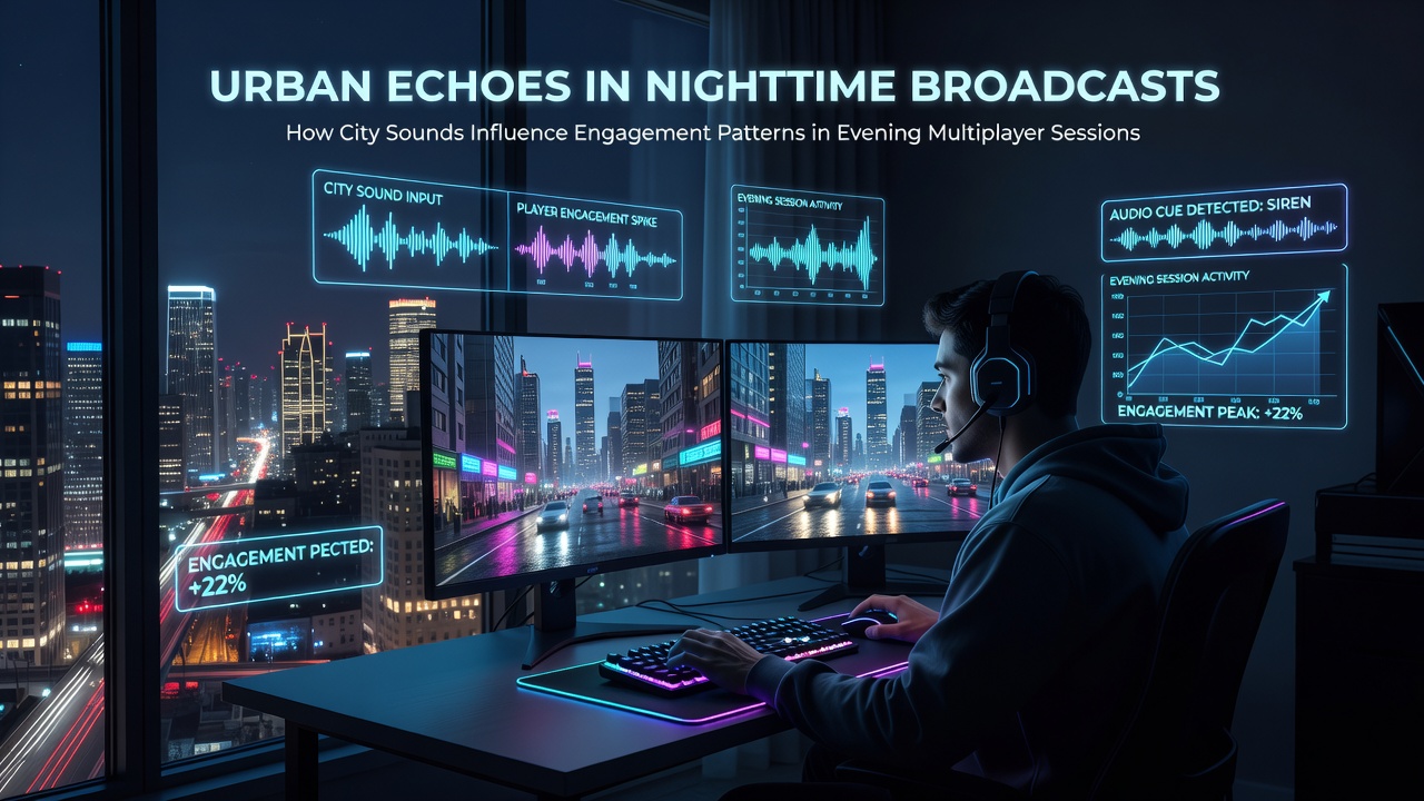 Nighttime cityscape with subtle audio waveform overlays representing urban sounds blending into gaming broadcasts