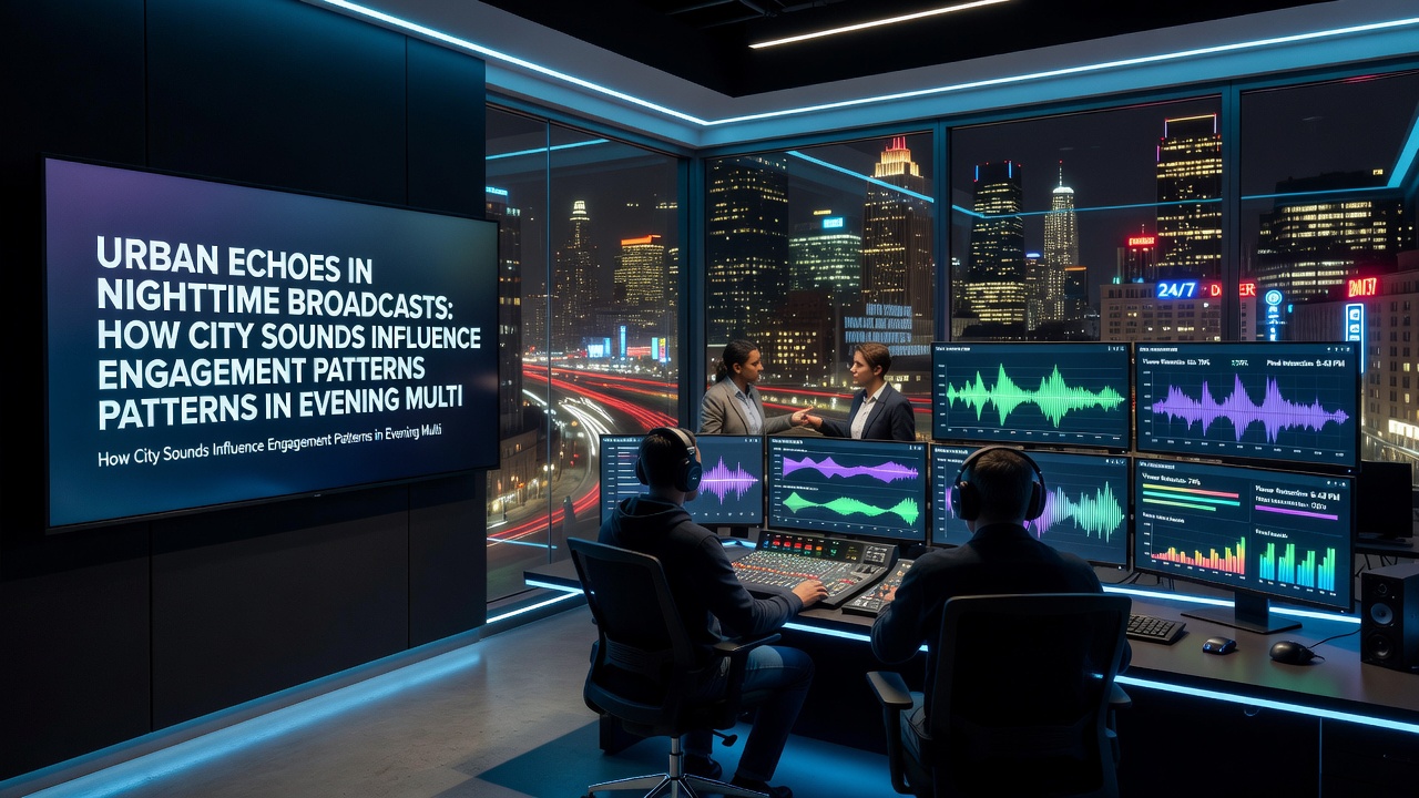 Streamer workspace with noise-canceling equipment positioned near a window overlooking city lights